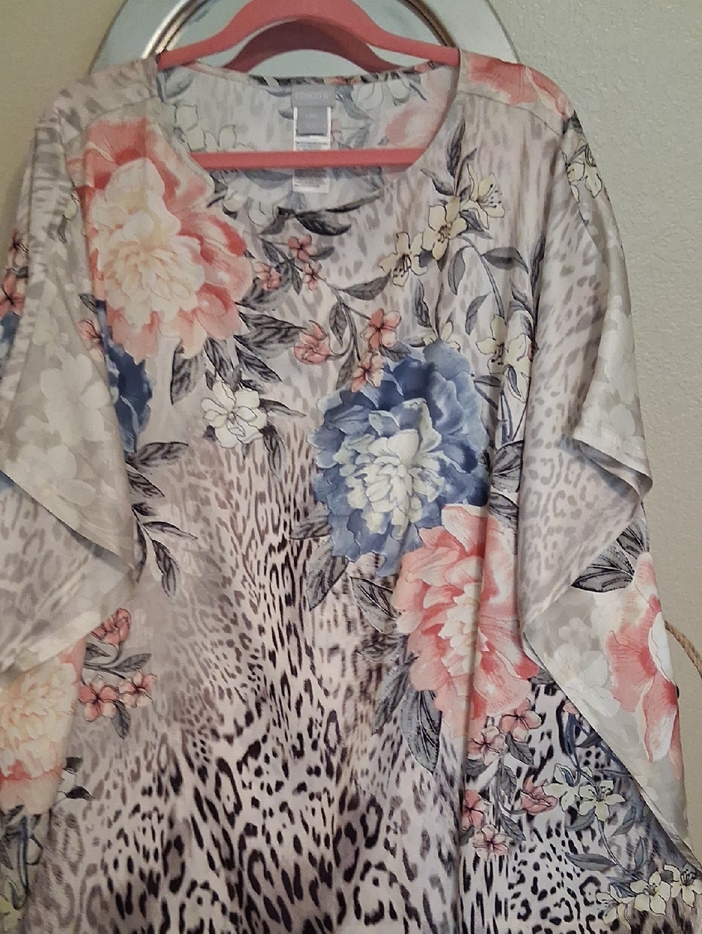Chico's Floral & Leopard Mix Tunic — Blue, Coral & Cream